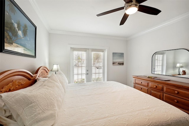 bedroom featuring a ceiling fan, access to outside, french doors, and crown molding