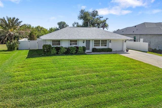 ranch-style house with concrete driveway, roof with shingles, a gate, fence, and a front lawn