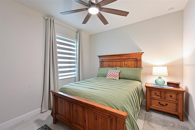 bedroom with ceiling fan and baseboards