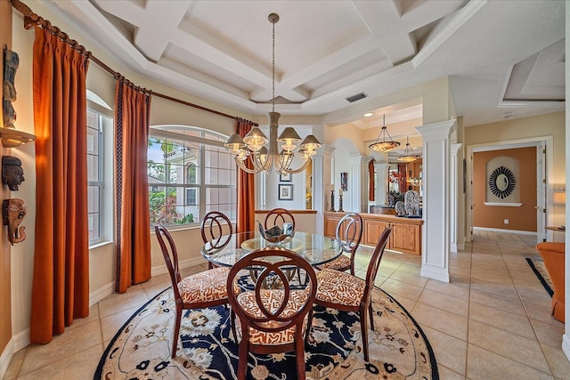 dining area featuring ornate columns, light tile patterned floors, visible vents, and a notable chandelier