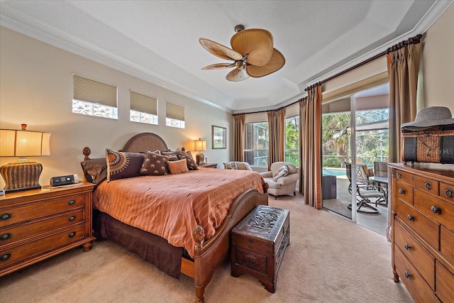 bedroom with light carpet, access to outside, and a ceiling fan