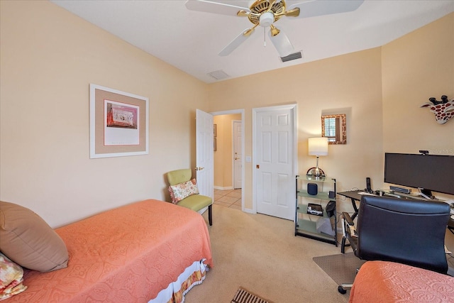 bedroom with ceiling fan, visible vents, and light colored carpet