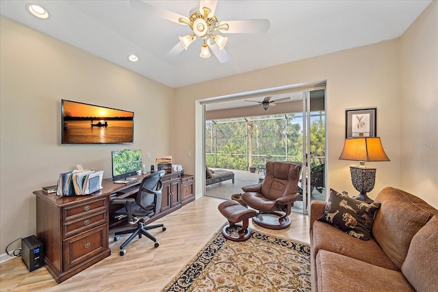 office space with baseboards, ceiling fan, light wood-style flooring, and recessed lighting