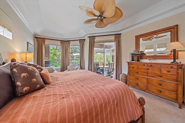 6617 Nautical Dr, Lakewood Ranch, FL 34202 - bedroom featuring carpet floors, access to exterior, a ceiling fan, and crown molding