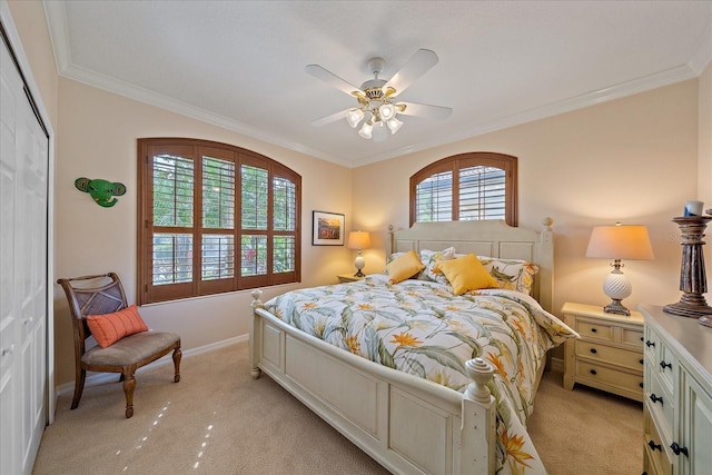 6617 Nautical Dr, Lakewood Ranch, FL 34202 - bedroom with a ceiling fan, light colored carpet, crown molding, and baseboards