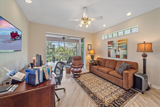 6617 Nautical Dr, Lakewood Ranch, FL 34202 - office area featuring ceiling fan, light wood finished floors, recessed lighting, and baseboards