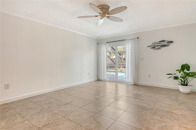 unfurnished room featuring crown molding, baseboards, ceiling fan, a textured ceiling, and light tile patterned floors