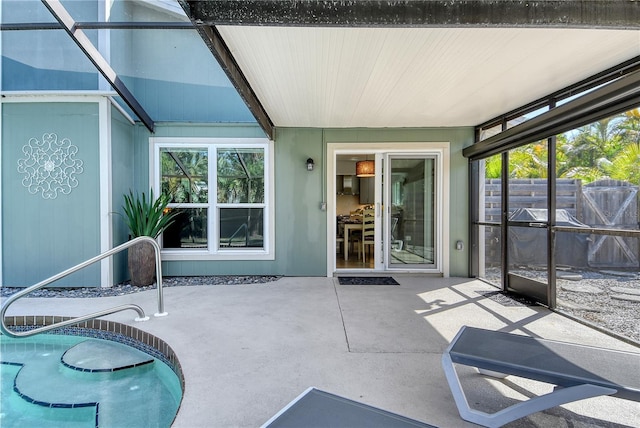 exterior space featuring a patio and a fenced in pool