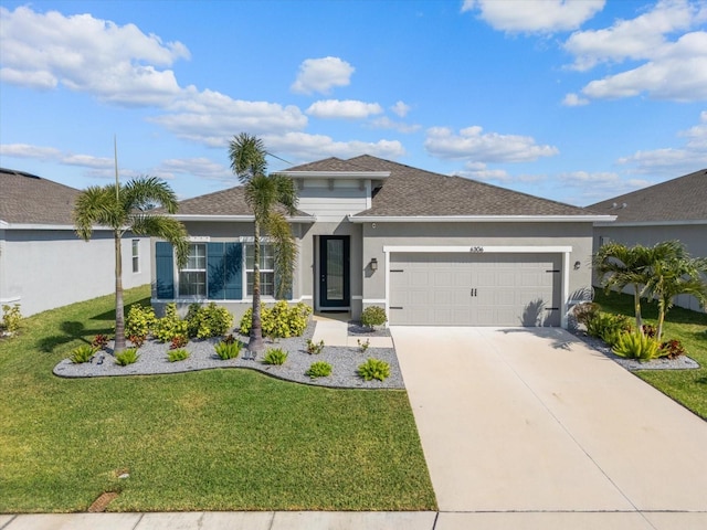 view of front facade featuring an attached garage, concrete driveway, a front yard, and stucco siding