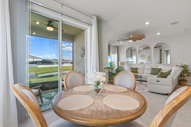 dining space with recessed lighting, visible vents, and ceiling fan