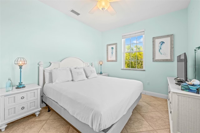 bedroom featuring a ceiling fan, visible vents, baseboards, and light tile patterned floors