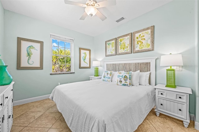 bedroom featuring visible vents, baseboards, and a ceiling fan