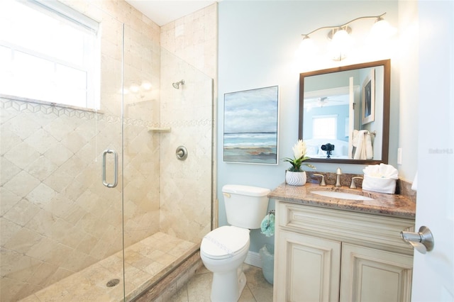 bathroom with toilet, tile patterned floors, a shower stall, and vanity