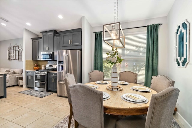 dining space featuring recessed lighting, visible vents, baseboards, and light tile patterned flooring