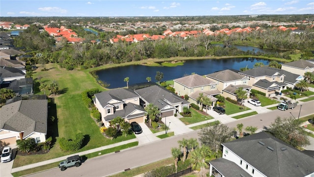 bird's eye view featuring a water view and a residential view