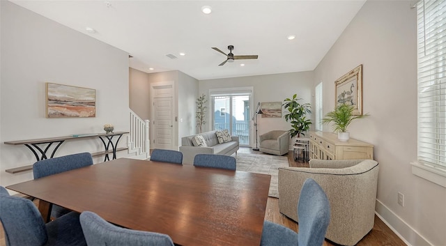512 Laurel Park Dr, Sarasota, FL 34236 - dining room featuring ceiling fan, recessed lighting, visible vents, baseboards, and stairs