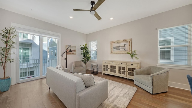 512 Laurel Park Dr, Sarasota, FL 34236 - living room featuring recessed lighting, ceiling fan, baseboards, and wood finished floors