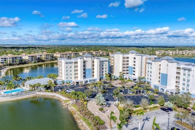 aerial view featuring a water view