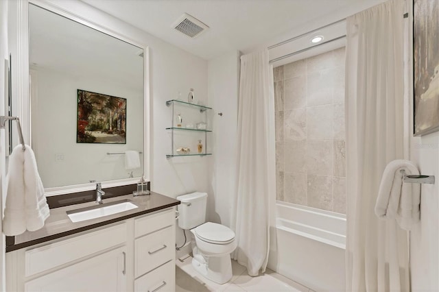 full bathroom with visible vents, toilet, shower / bath combo, vanity, and tile patterned flooring