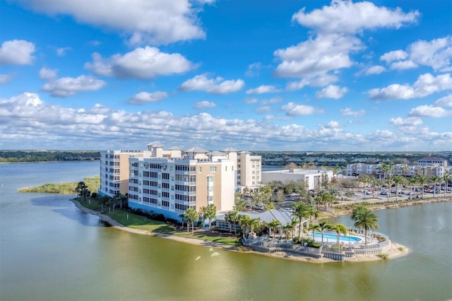 drone / aerial view with a water view