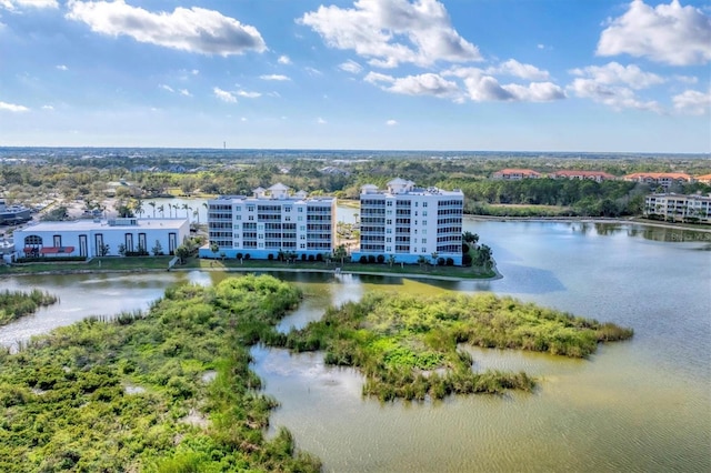 drone / aerial view with a water view