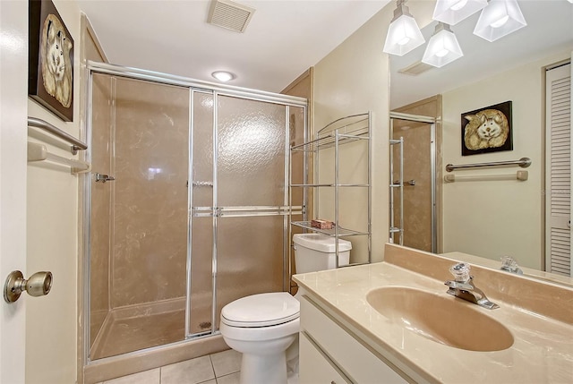 full bath featuring visible vents, toilet, tile patterned flooring, a shower stall, and a closet