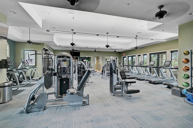 gym featuring a tray ceiling, crown molding, and light colored carpet