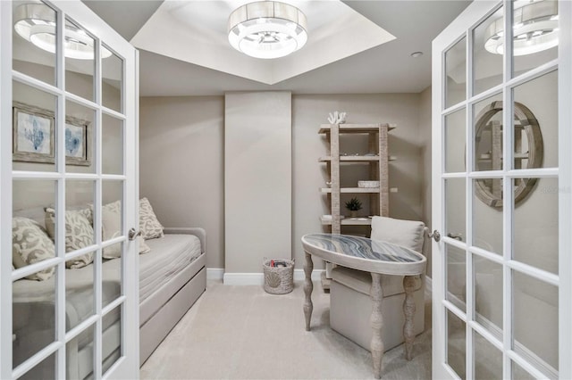 spacious closet featuring carpet floors and french doors