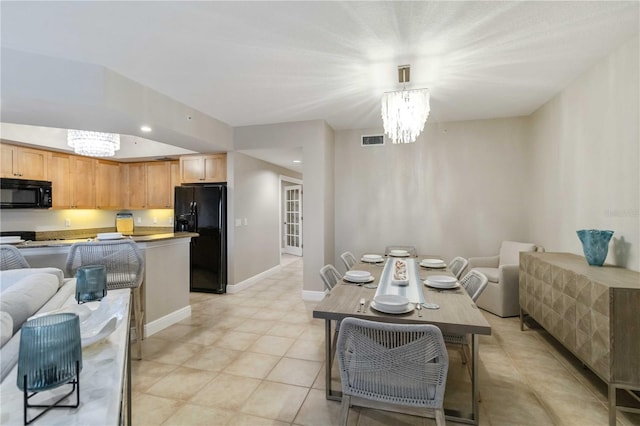 dining space featuring light tile patterned floors, baseboards, visible vents, an inviting chandelier, and recessed lighting