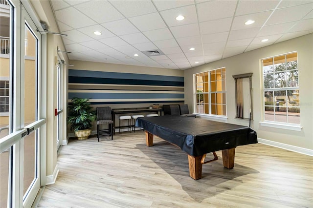 rec room featuring recessed lighting, pool table, wood finished floors, visible vents, and baseboards