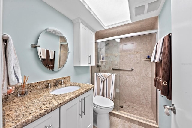 full bathroom with a stall shower, vanity, and toilet