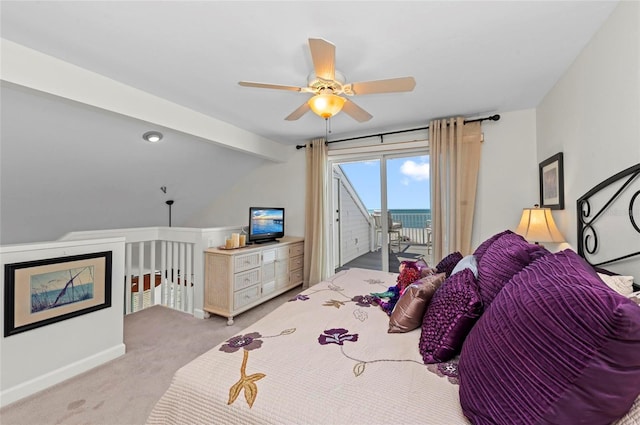 bedroom featuring ceiling fan, light colored carpet, baseboards, vaulted ceiling, and access to outside