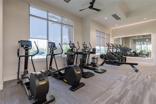 workout area with baseboards, visible vents, and a healthy amount of sunlight