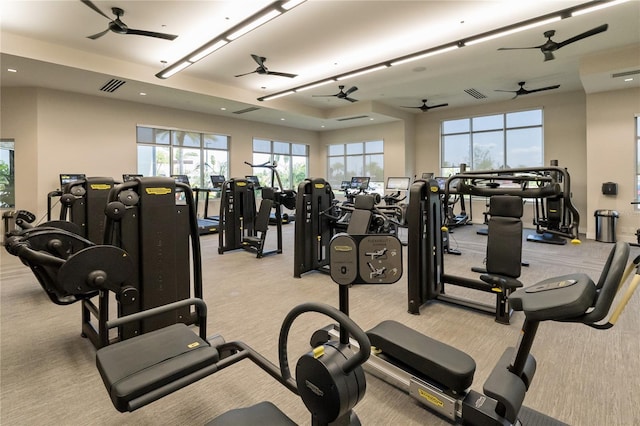 workout area featuring light carpet and visible vents