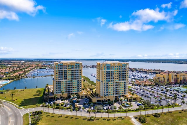 birds eye view of property featuring a water view