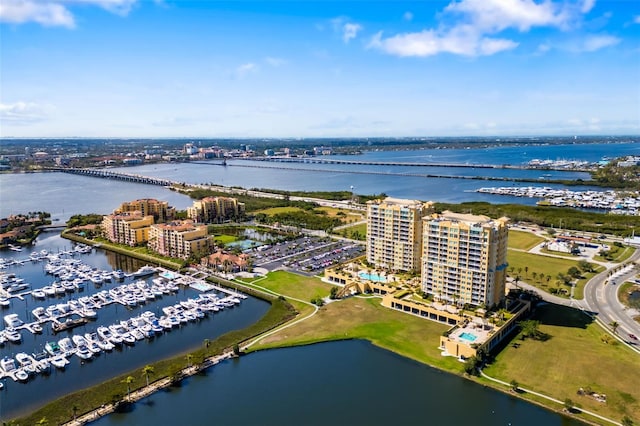 aerial view featuring a water view and a city view