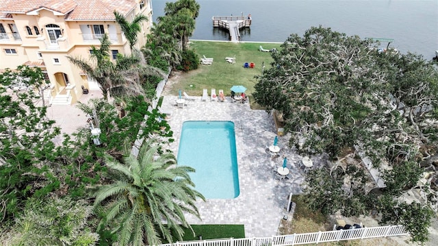 birds eye view of property featuring a water view