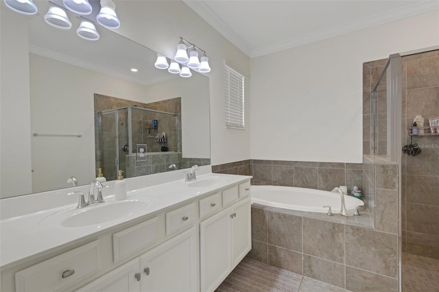 full bath featuring a bath, a shower stall, ornamental molding, and a sink