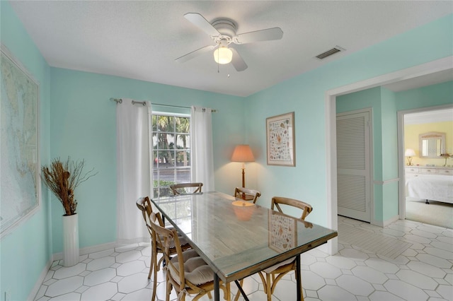2 Antigua Cir Unit 4, Englewood, FL 34223 - dining space with baseboards, a textured ceiling, visible vents, and a ceiling fan