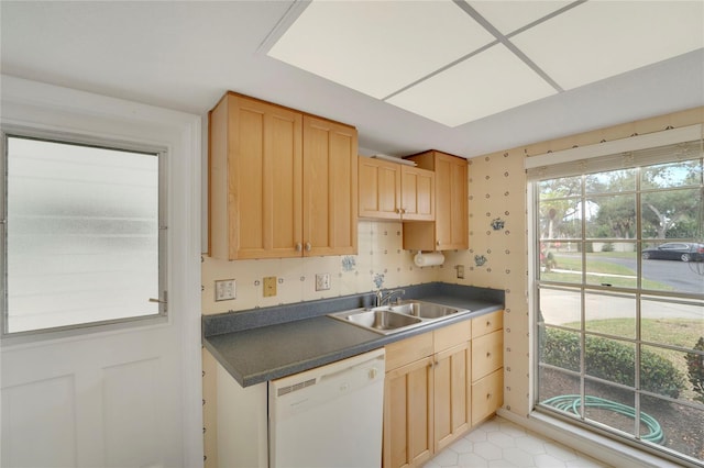 2 Antigua Cir Unit 4, Englewood, FL 34223 - kitchen featuring dark countertops, dishwasher, a sink, and light brown cabinetry