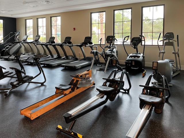 workout area featuring a paneled ceiling, a healthy amount of sunlight, and baseboards