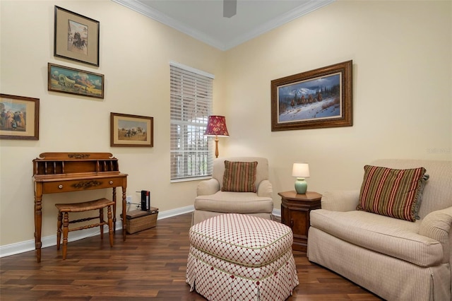 living area featuring baseboards, dark wood finished floors, and crown molding