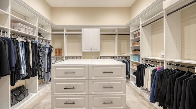 walk in closet with light colored carpet