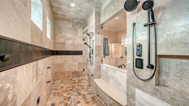 full bath with recessed lighting, crown molding, and a shower stall