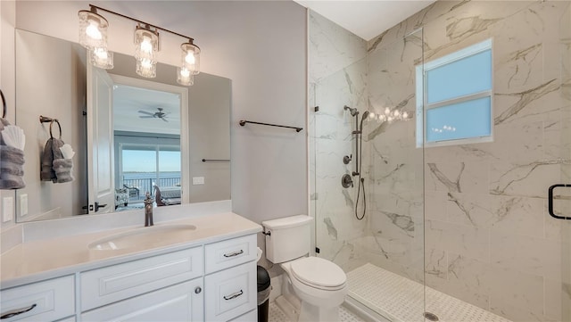 ensuite bathroom featuring ensuite bathroom, a wealth of natural light, a marble finish shower, and toilet