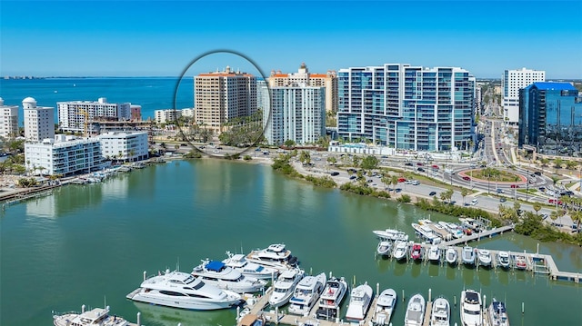 bird's eye view with a water view and a view of city