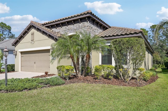 view of front of property with a garage, a tile roof, a front lawn, and stucco siding