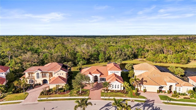 birds eye view of property with a residential view and a view of trees