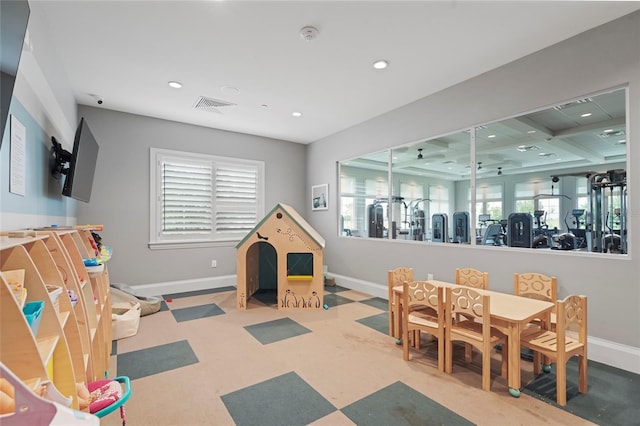 game room with baseboards, carpet, visible vents, and recessed lighting