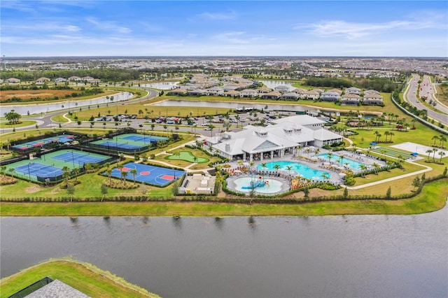 bird's eye view with a water view